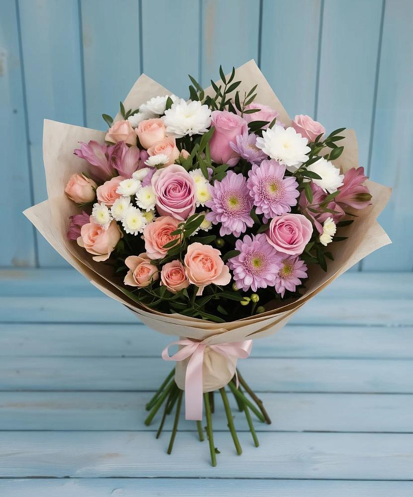 Букет цветов из: Хризантемы, Розы и Альстромерии в Захарьино