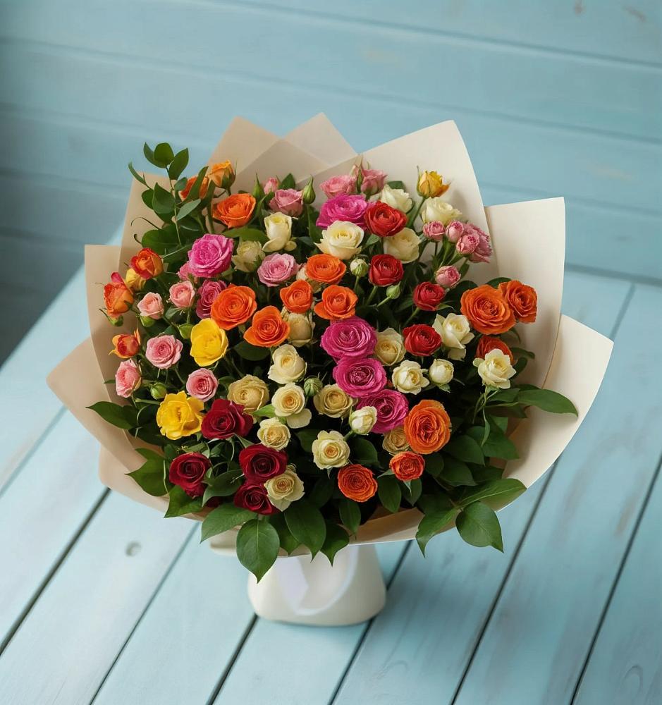 Букет Микс из разноцветных кустовых роз в Захарьино