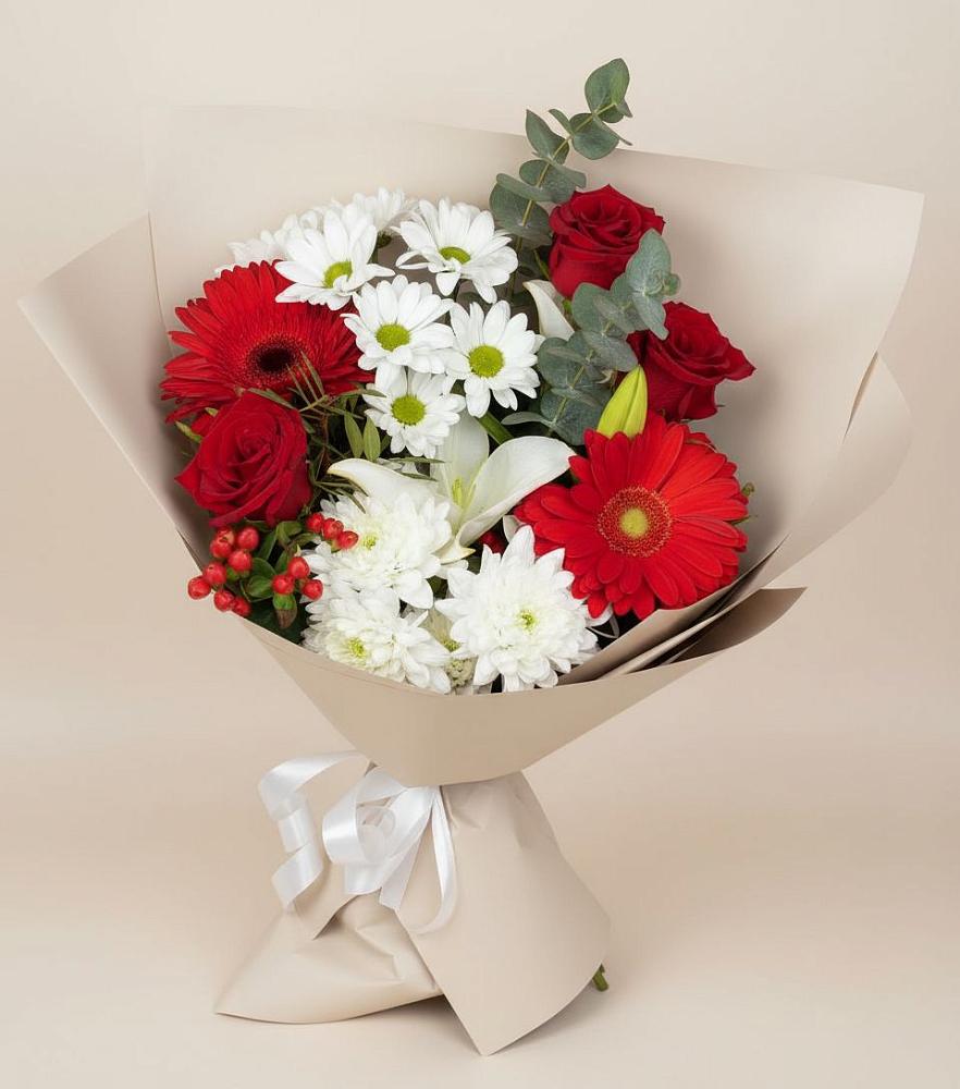 Букет цветов из: Розы, Хризантемы, Герберы и Лилии в Захарьино