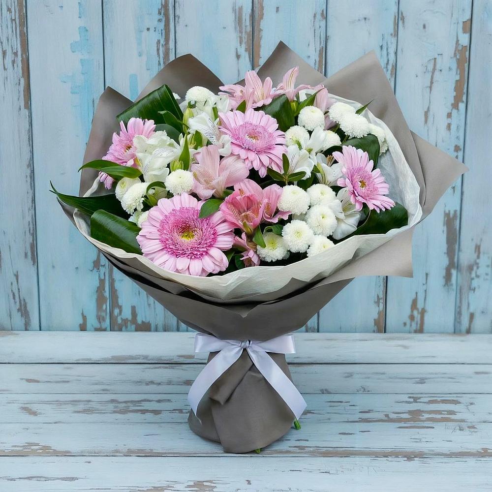 Букет цветов из: Герберы, Альстромерии и Хризантемы в Захарьино