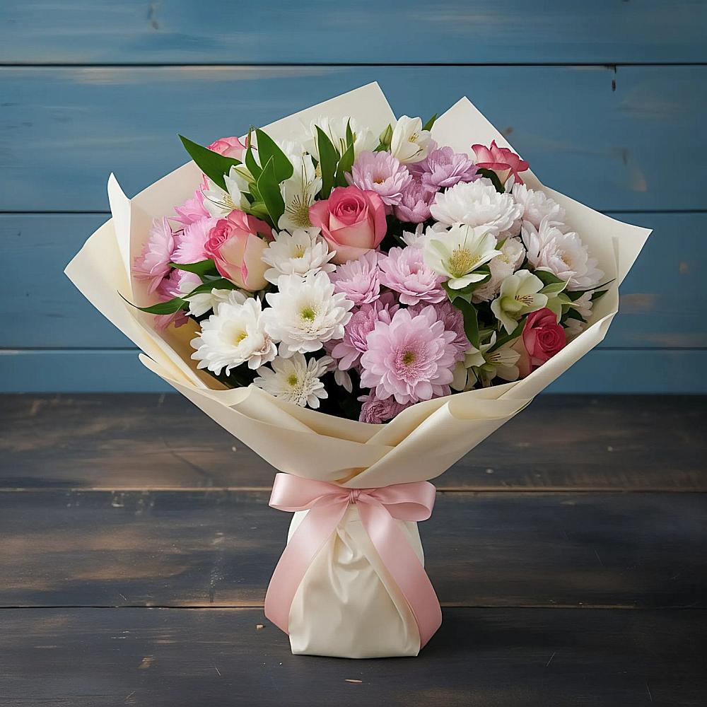 Букет цветов из: Хризантемы, Альстромерии и Розы в Захарьино